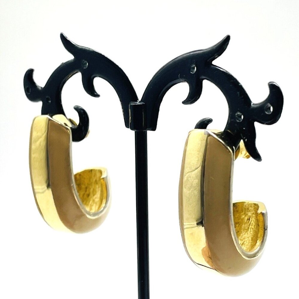Vintage Gold Tone Hoop Earrings Chunky Curved Pierced Cream Enamel